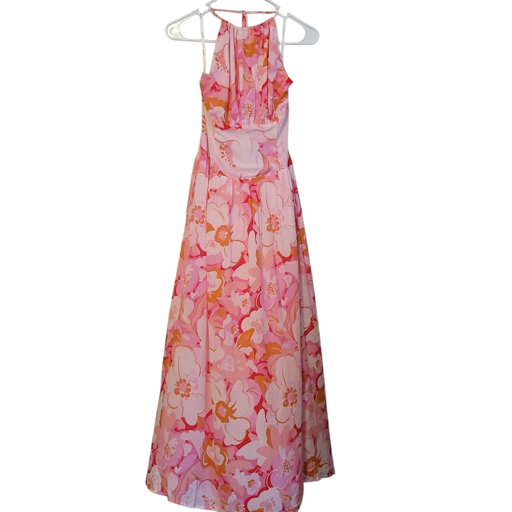 MINKPINK Josie Pink Floral Halter Maxi Dress Resort Vacation Wedding Guest L - Picture 3 of 10